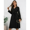 thumbnail image 2 of Solid Color V Neck Tie Waist Belted Dress for Women Knee Length, 2 of 3