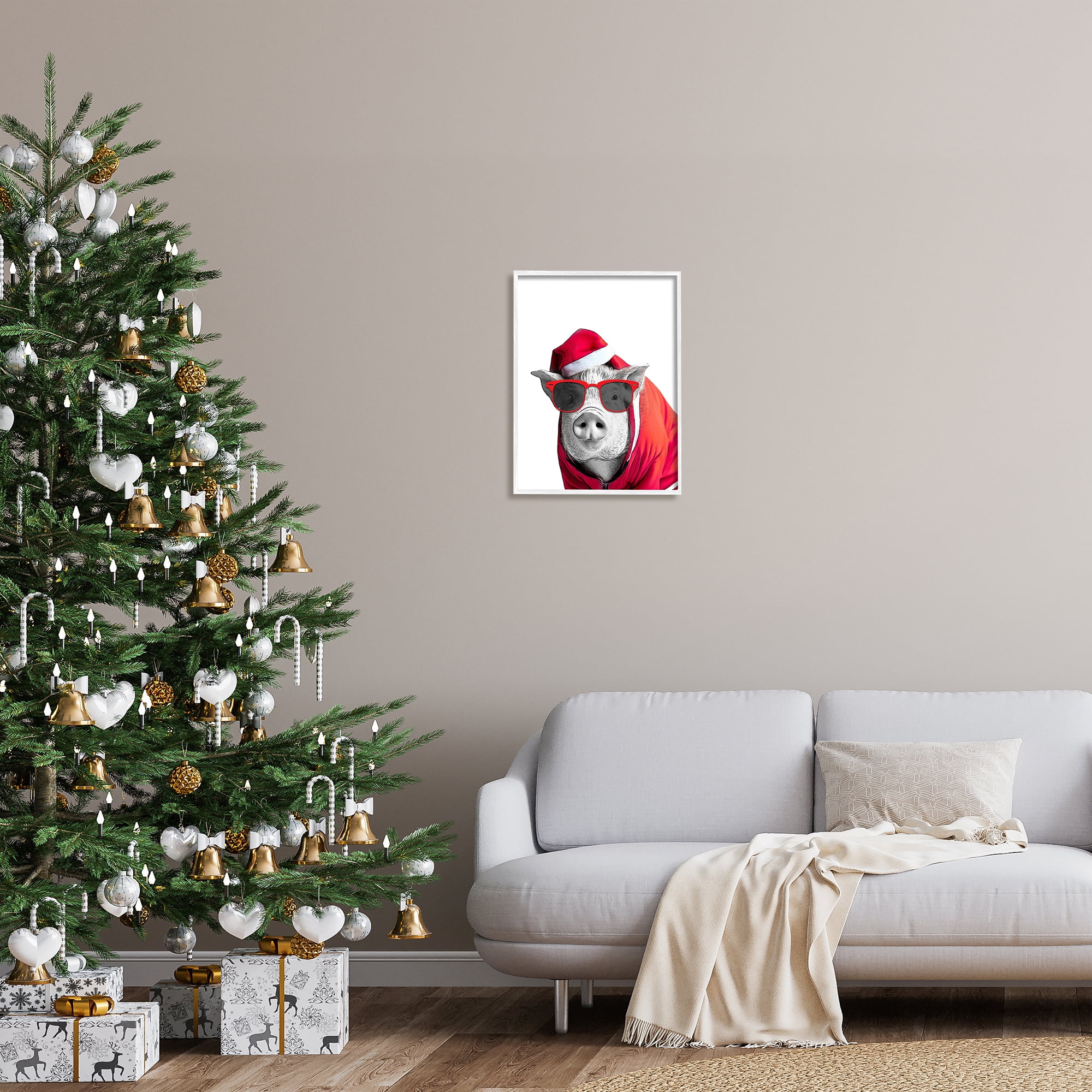 Stupell Industries Pig in Holiday Clothes Holiday Painting White Framed Art Print Wall Art, 16 x 20
