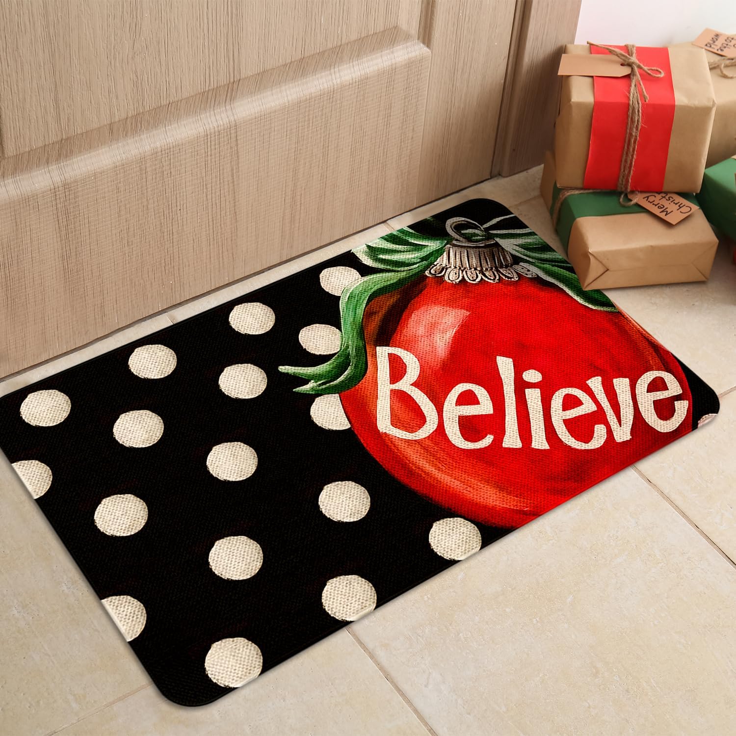 Merry Christmas Door Mat 17x29 Inch Black Believe Doormat Decorative Outdoor Winter Decoration Indoor Outdoor Entrance Floor mat, Non Slip Welcome Party Decor