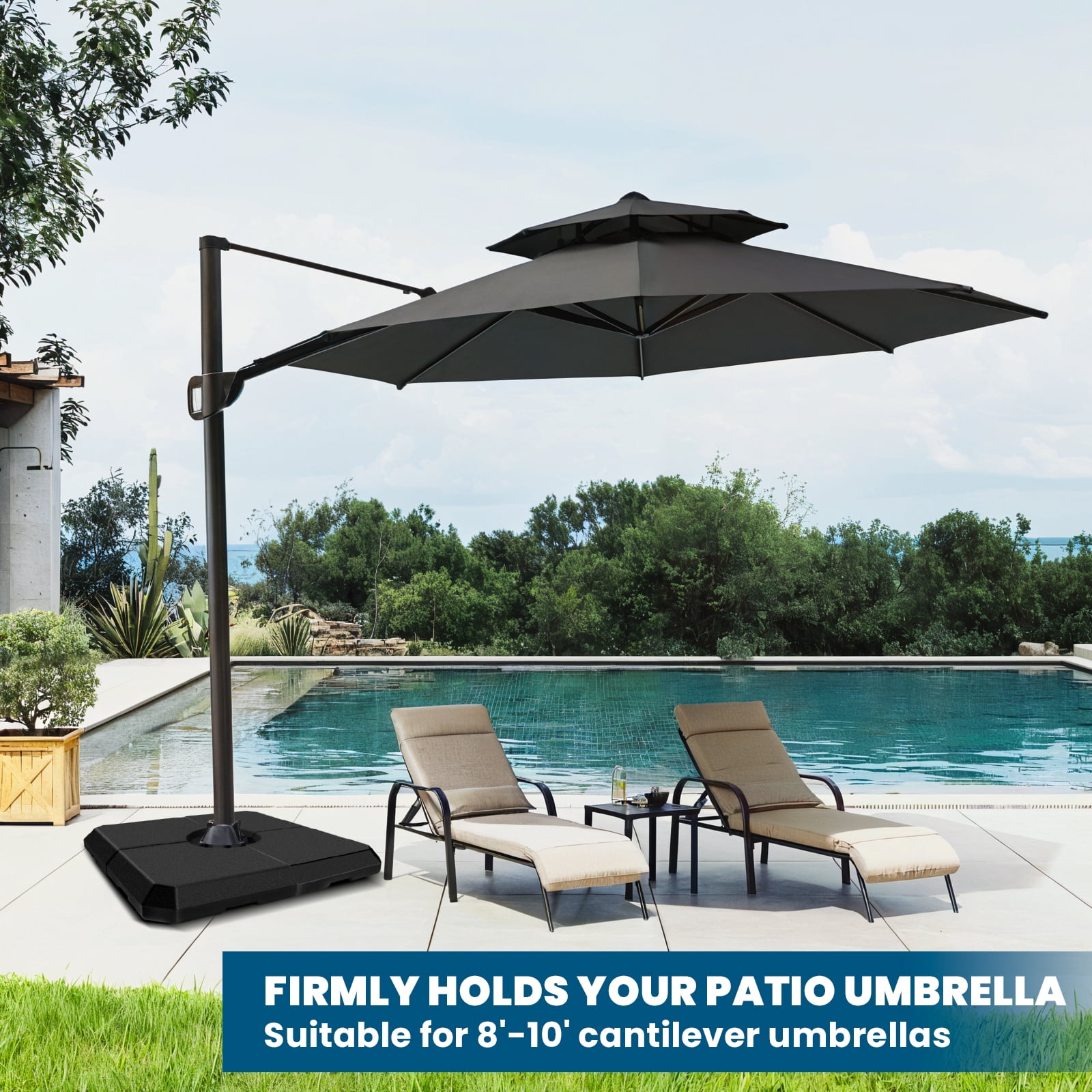 4-Piece Heavy-Duty Cantilever Offset Patio Umbrella Stand Square Base, Black Portable Handle, Easy Fill Spouts, Umbrella Weighted Base, Cantilever Umbrella Base for Beach Poolside, Patio Backyard
