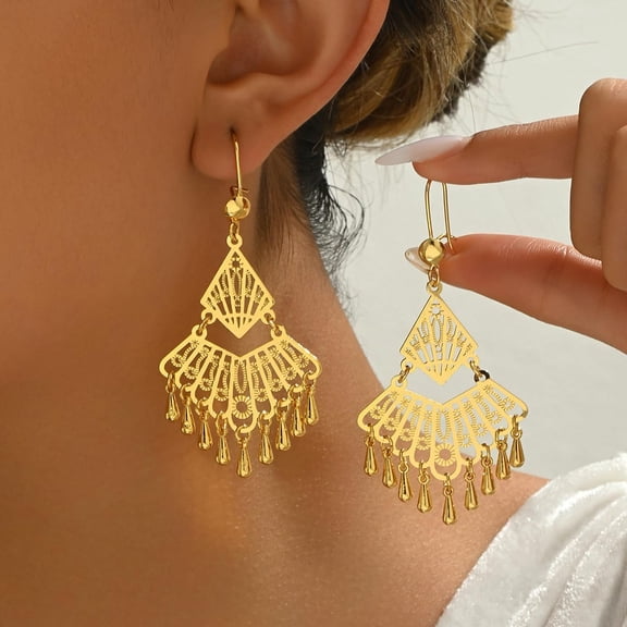 Vintage Square with Teardrop Brass Chandelier Earrings Golden 77x37mm Golden