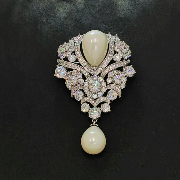 Drop Brooch Clear, White Pearl Pins & Brooches, Silver