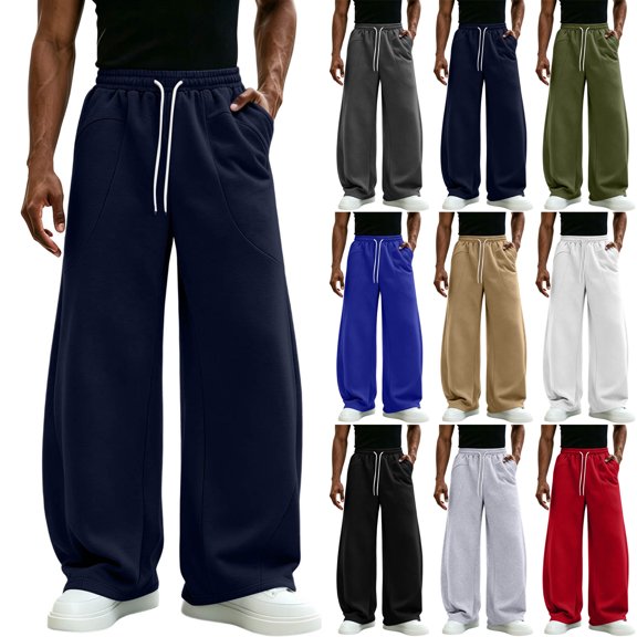 Men's Wide Leg Sweatpants,Drawstring Elastic Waist Loose Fit Pants with Pockets for Daily Wear