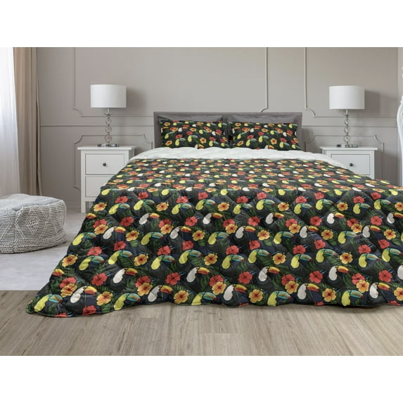 Watercolor Comforter & Sham Bedding Set, Toucan Birds and Hibiscus Flowers Tropical Exotic Hawaii Flora and Fauna Cartoon, 3 pcs Duvet Set Microfiber Filling Quilt, 5 Sizes, Multicolor, by Ambesonne