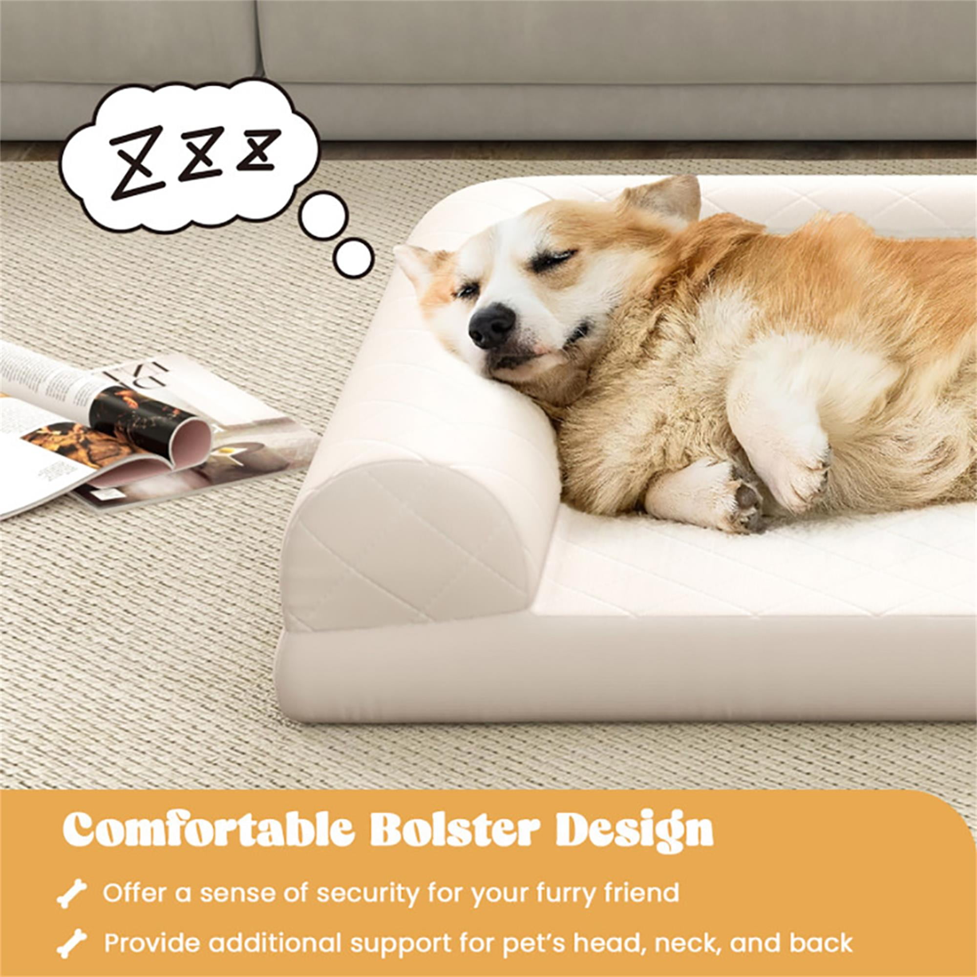 Kadyn 36" Egg-Foam Dog Bed with 3-Side Bolster, Pet Sofa Bed for Small Medium Dogs, Removable Washable Bed Cover Dog Crate Bed, Beige