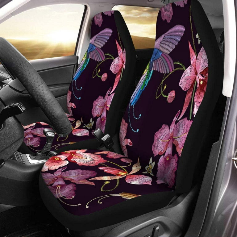 KXMDXA Set of 2 Car Seat Covers Humming Bird and Orchid Exotic Tropical  Flowers Embroideries Beautiful Universal Auto Front Seats Protector Fits  for Car,SUV Sedan,Truck 