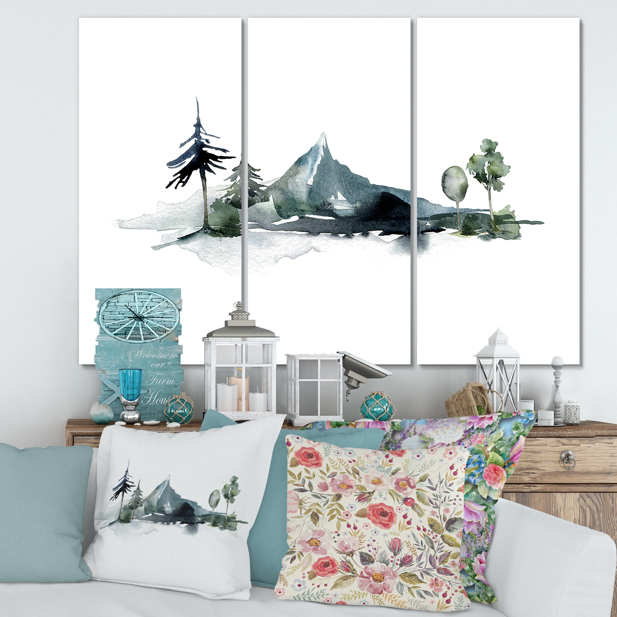 Designart ' Minimalistic Fir Forest and Winter Mountains II ' Modern Canvas Wall Art Print