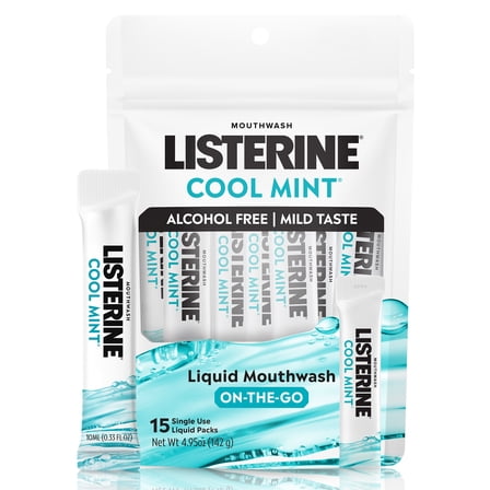 Listerine On-The-Go Cool Mint Alcohol Free Mouthwash Packets, 0.33 fl. oz., 15 Pack