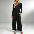 thumbnail image 2 of TEAJOPSUU Womens Waffle Knit Jumpsuit Long Sleeve Button Henley Neck Wide Leg Long Romper with Pockets Casual Loungewear Black, 2 of 7
