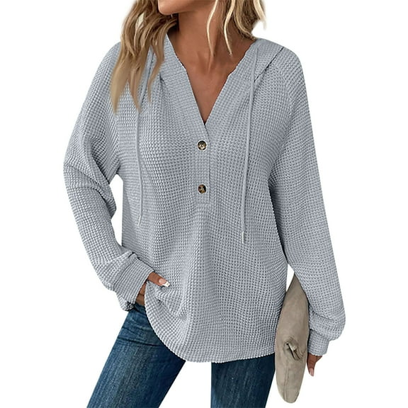 UoCefik Women's Hoodies Fashion Waffle Knit Long Sleeve Henley V Neck Sweatshirts Fall Casual Drawstring Button Up Pullover Hooded Lightweight Maternity Tops Gray L