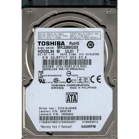 MK3265GSX HDD2L34 M UL01 T F/W: A0/GJ205E Toshiba 320GB