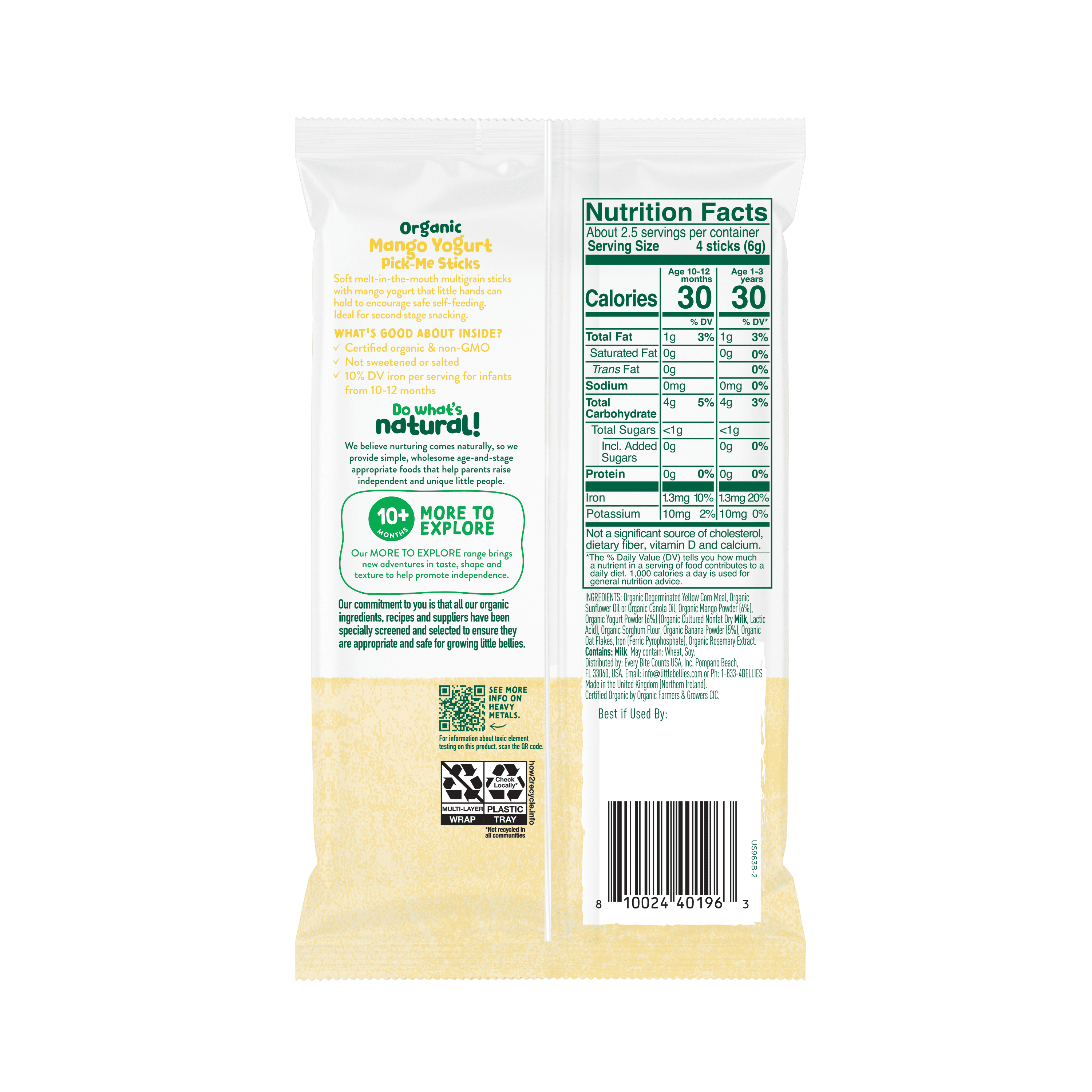 Little Bellies Organic Mango Yogurt Pick-Me Sticks 0.56 oz