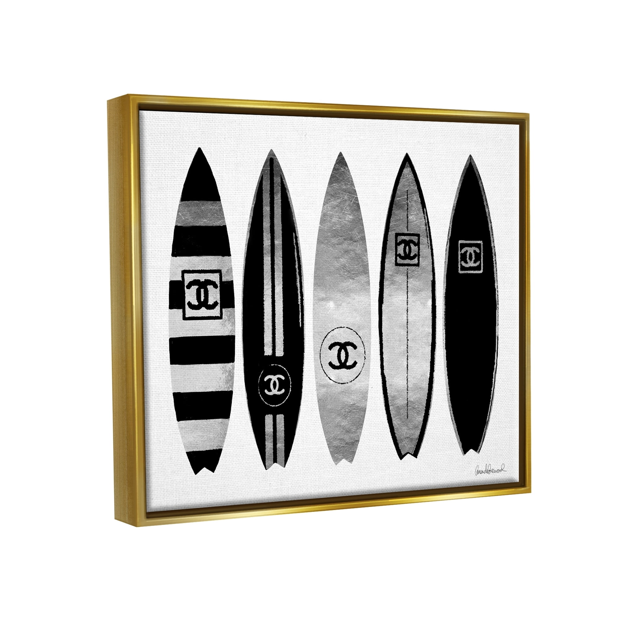 Stupell Industries Fashion Designer Surf Boards Black Silver Watercolor Metallic Gold Framed Floating Canvas Wall Art, 24x30, by Amanda Greenwood