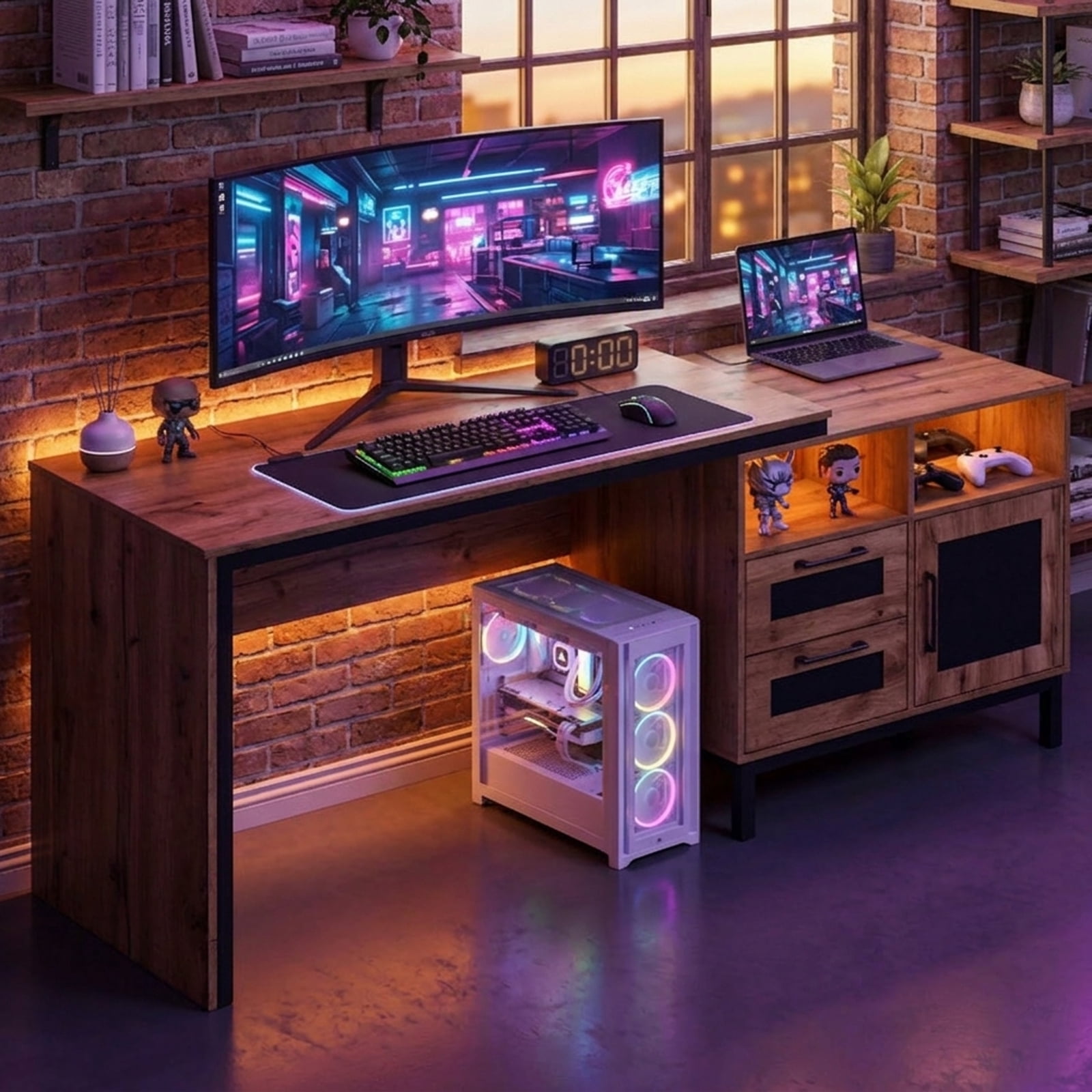 Furnibear Computer Desk 71 Inch Computer Table with Open Compartments and Drawers, Natural