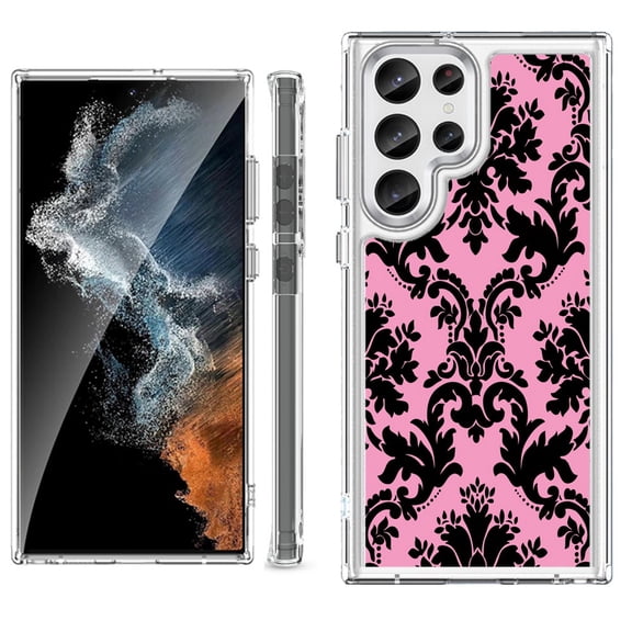 Shockproof Bumper Phone Case for Samsung Galaxy S23 Ultra 5G, by OneToughShield ® - Victorian Pink/Black