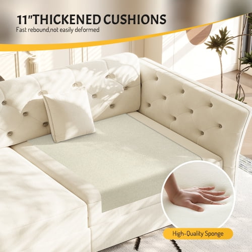 100" Oversize Velvet Pull Out Sofa Bed, Convertible Sleeper Loveseat with Handmade Flower Tufted Design, Multi-Functional Sofa Couch for Living Room & Bedroom, Beige