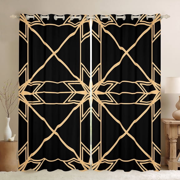 Homewish Teens Bohemian Aztec Black Out Curtains, Black Gold Stripe Lines Curtains Pack of 2 (42x63 Each), Fashion Abstract Ombre Bedroom Curtains, Blackout Curtains Decor