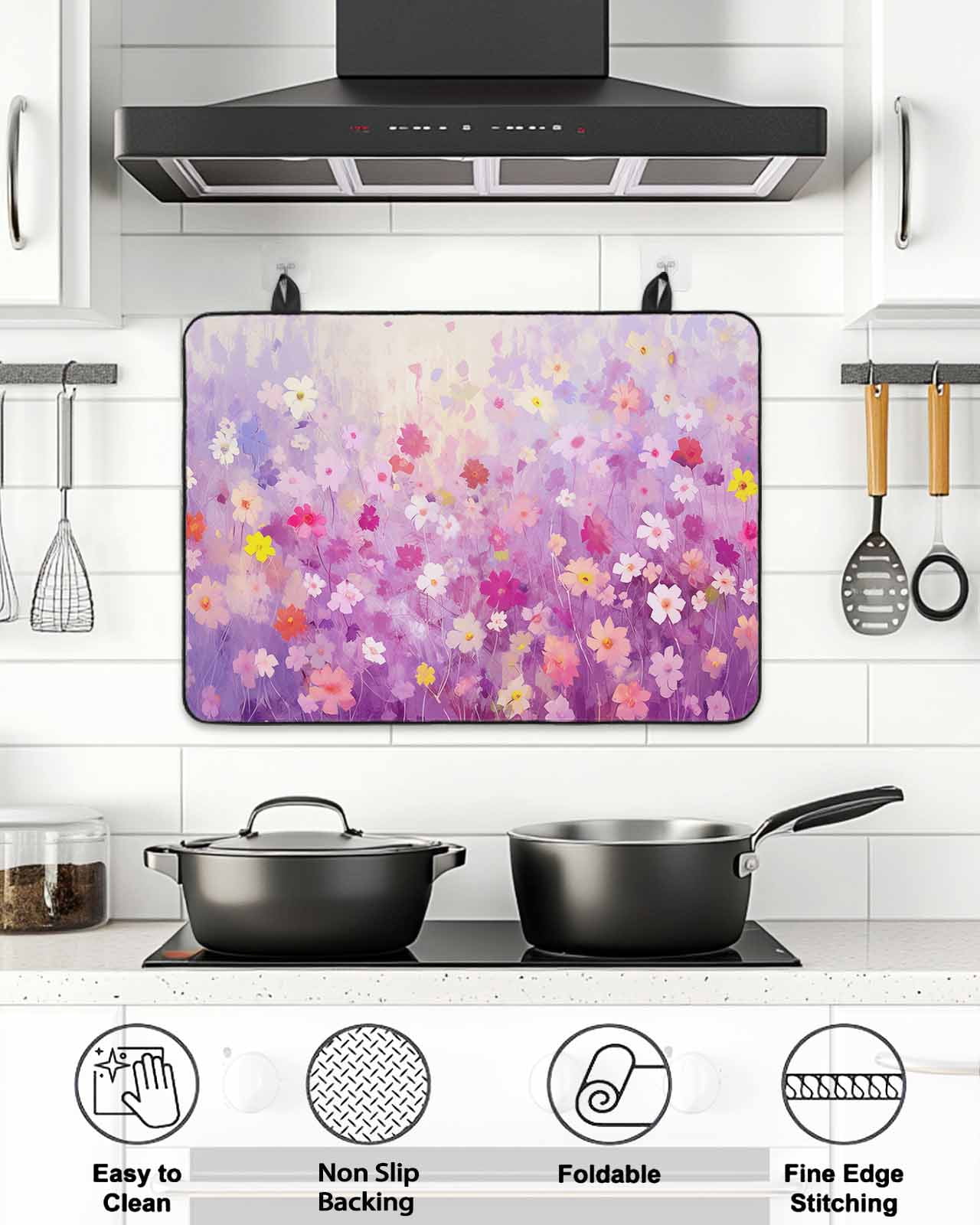 Stove Top Covers for Electric Stove, Pink Spring Floral Glass Stovetop Cover Protector, Summer Daisy Botanical Oil Painting Induction Cooktop Protector Oven Mat for Kitchen Countertop 36"x21"