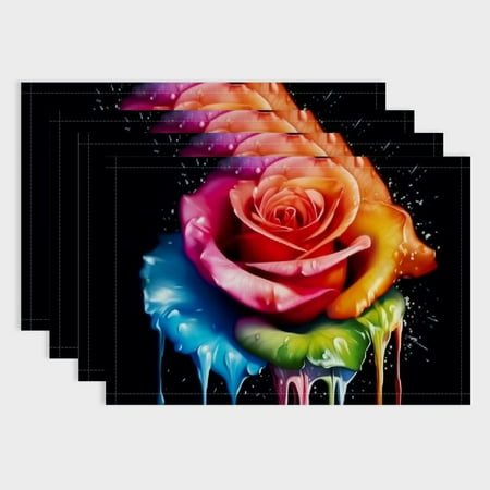 Fenyluxe Rainbow Rose Linen Table Placemats Set of 4 for Dining Parties Home Decor 18x12in