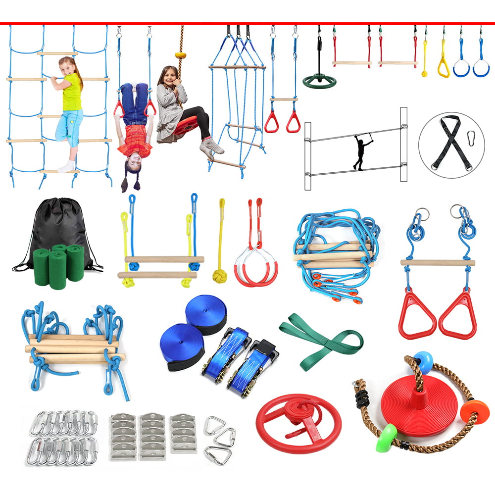 Obstacle Course for Kids Obstacle Net Plus 1.2M Arm Trainer Trapeze Swing 50FT Ninja Slackline with Most Complete Accessories for Kids Swing Rope Ladder 