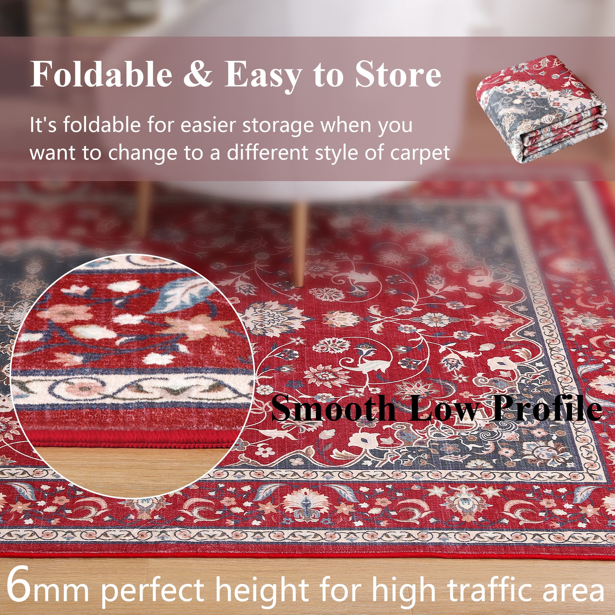 Wondo Bohemian Machine Washable Area Rug for Living Room, Red, 5' x 8'
