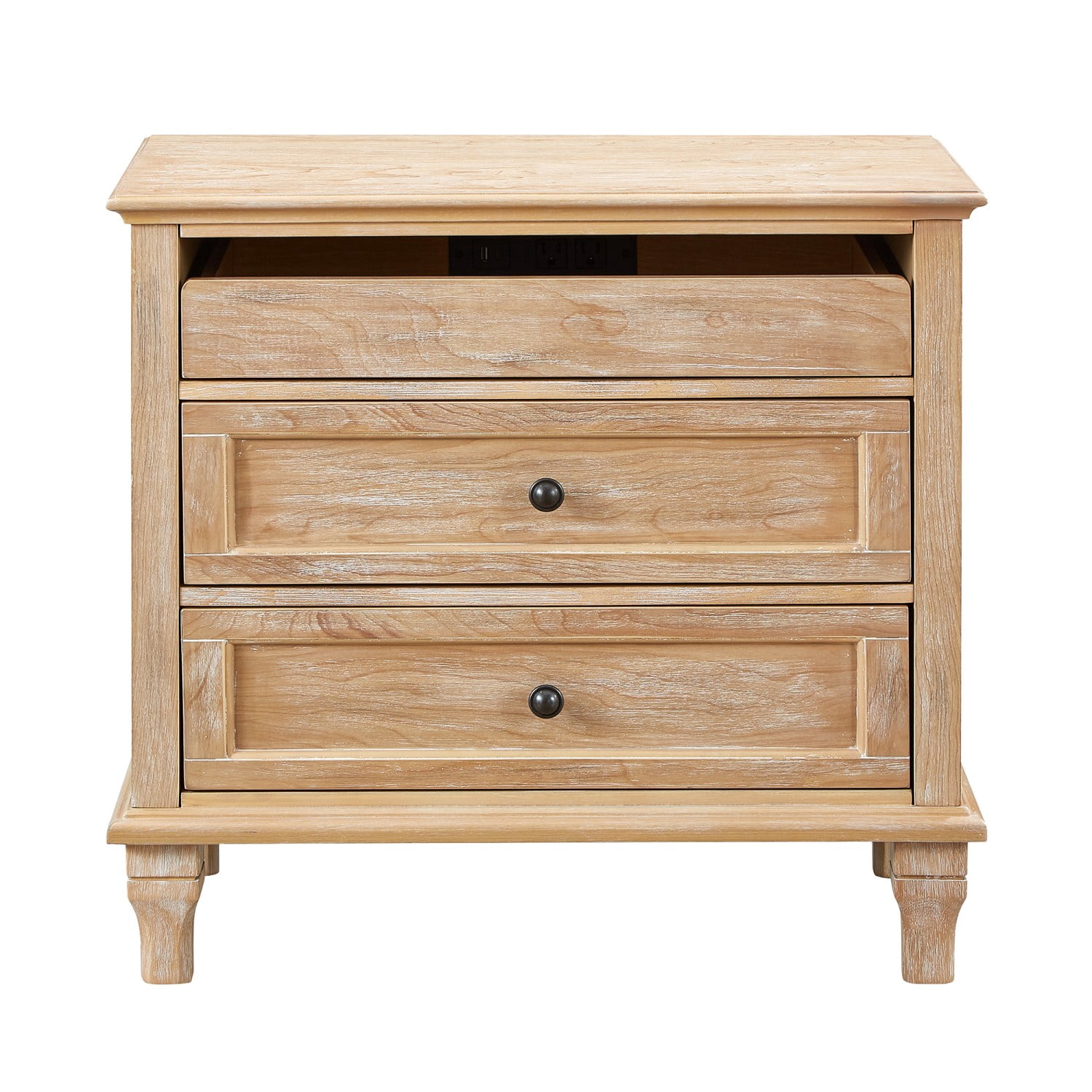28" Wood Nightstand with Charging Station, Farmhouse Bedside Table with 3 Drawers, USB & Type-C Ports, Solid Wood Legs Storage End Table for Bedroom Living Room Office, Natural
