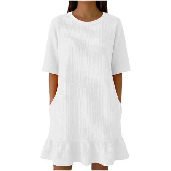 Lenpel Pullover Dresses for Women Crew Neck Short Sleeve T Shirt Dresses Casual Loose Fashion Ruffle Hem Mini Dresses
