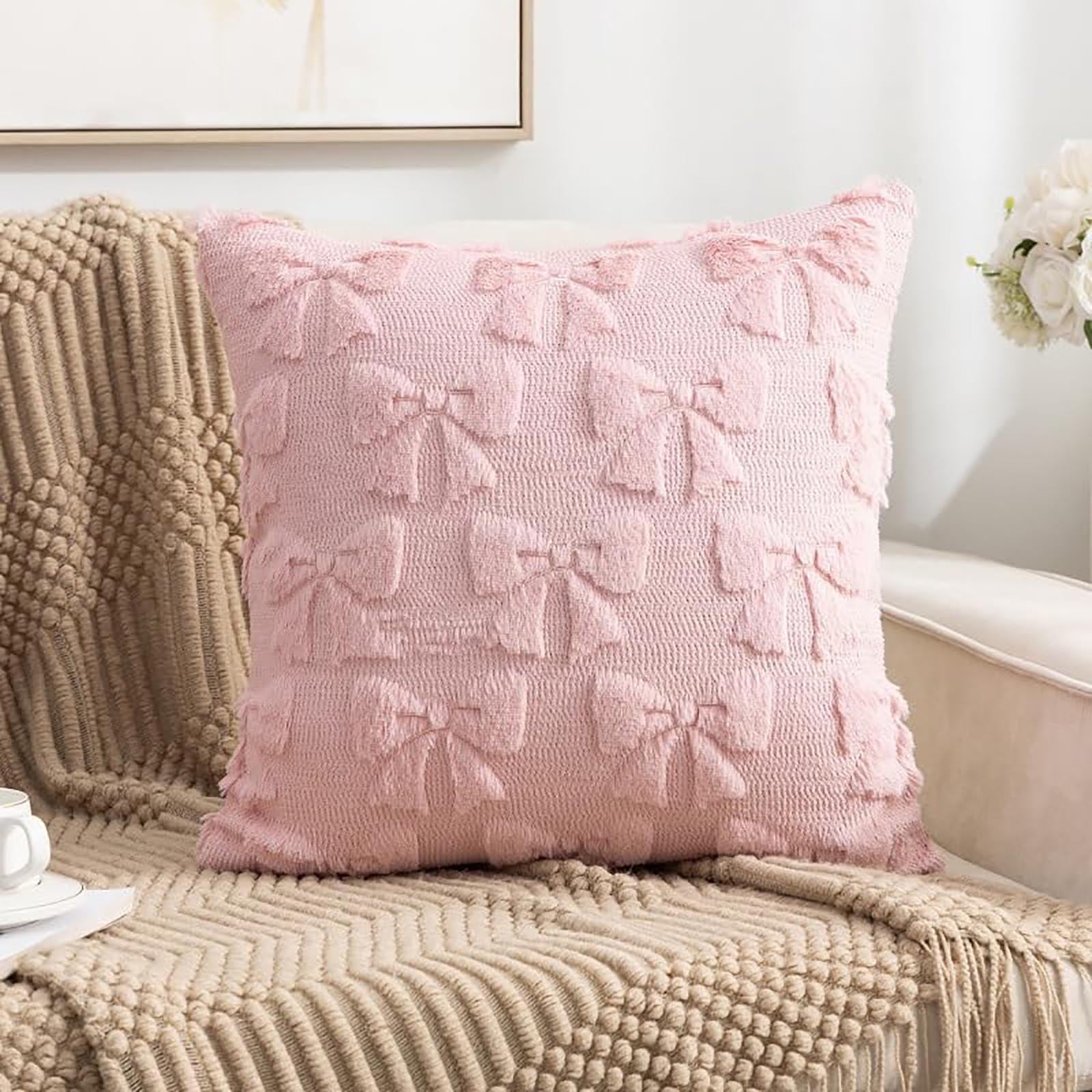 4PCS Pink Bow Throw Pillow Covers - 18 Inch Decorative Pillow Covers, Soft Plush Fluffy Bowknot Couch Pillows for Bedroom Living Room Sofa Decor
