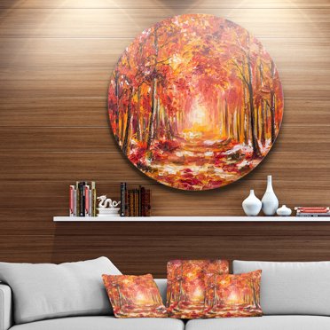 Designart - Autumn Forest in Red Shade' Landscape Circle Metal Wall Art