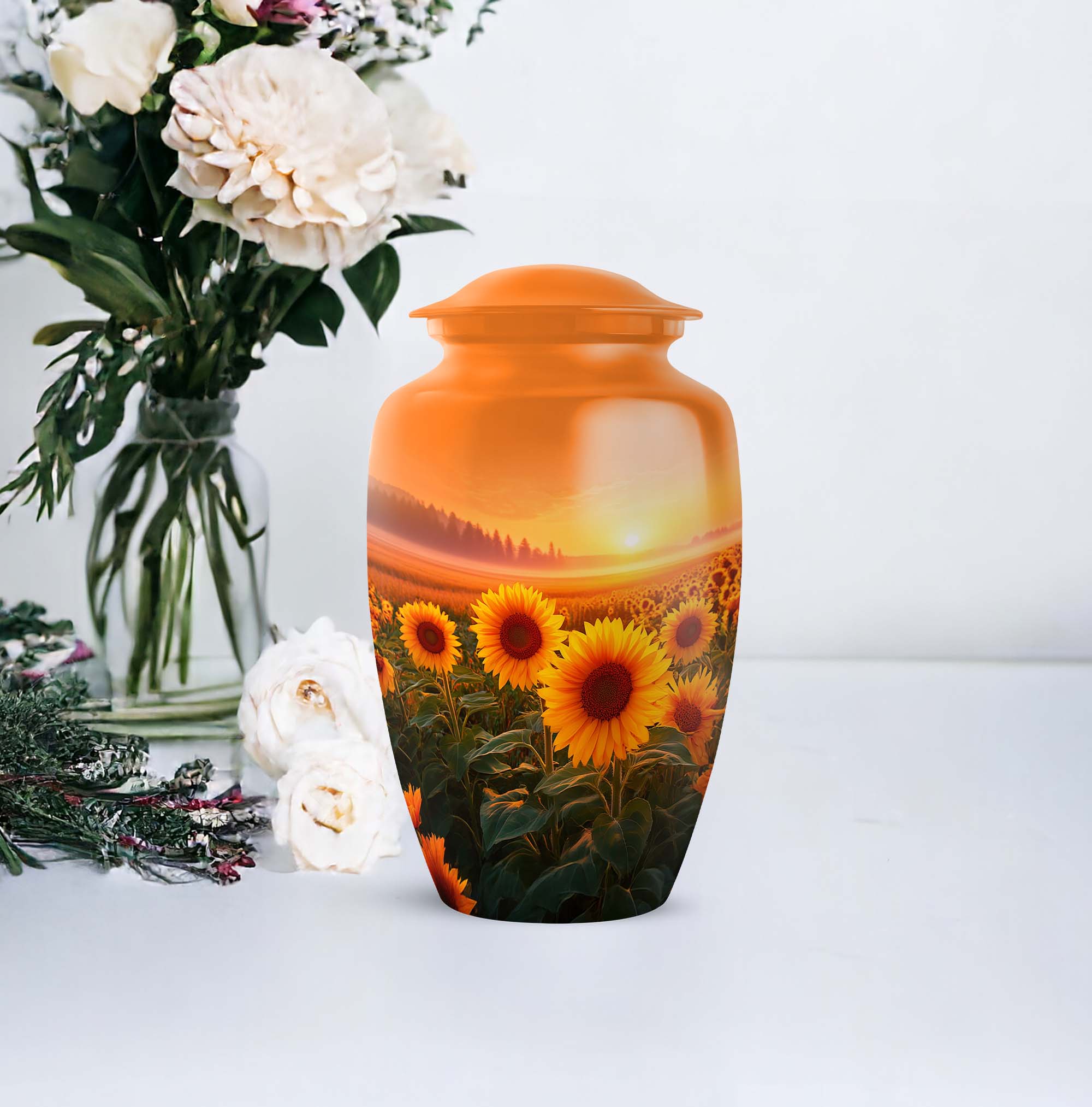 Sunflower Urns For Human Ashes Adult Man, Orange Decorative Urn For Ash Adult Male - 1 Large 10 Inch, Sunset Funeral Cremation Urn For Ashes For Women - 3 Inch Small Set Of 4