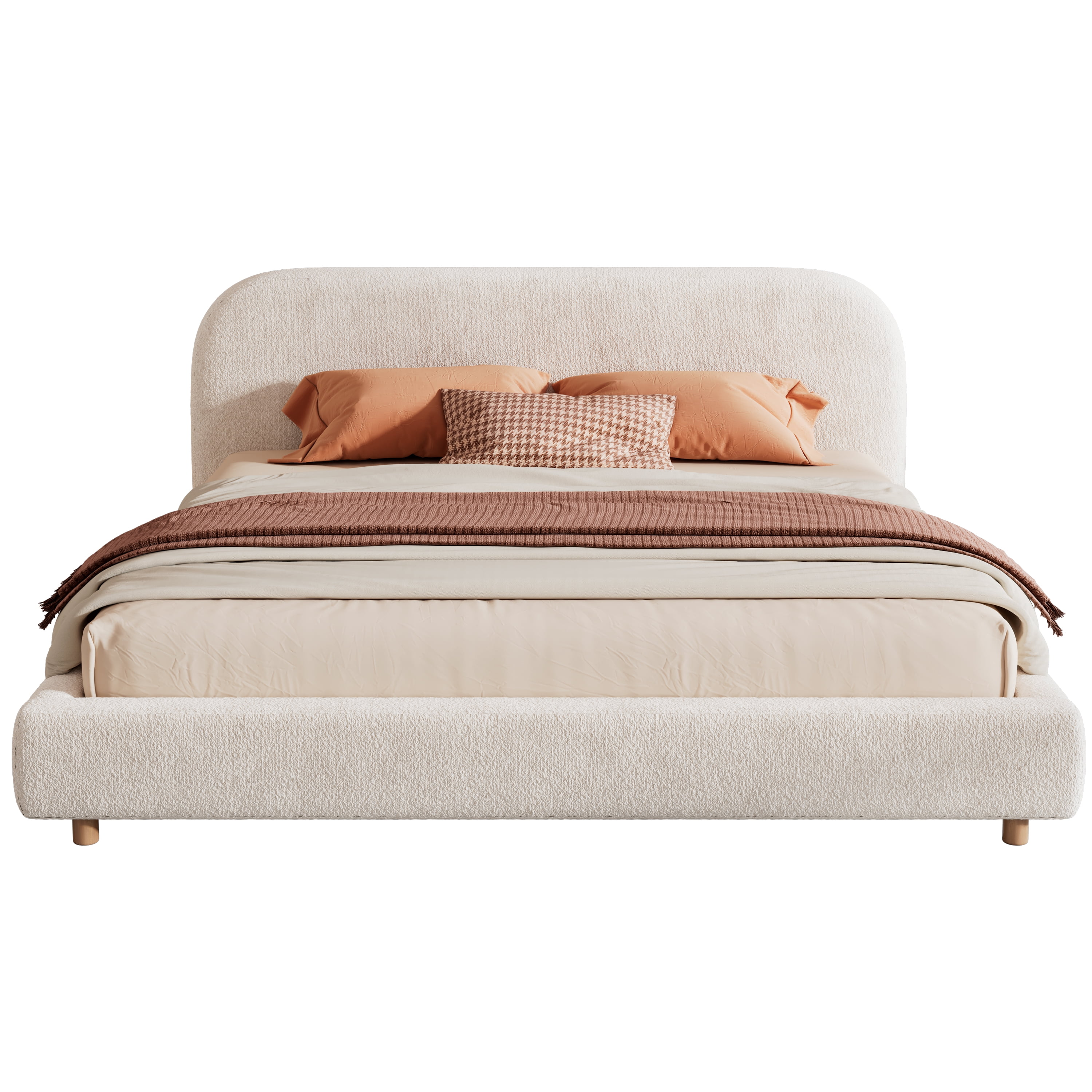 King Size Upholstered Bed Frame with Soft Boucle Fabric, Curved Thick Padded Headboard & Solid Wood Legs, Platform Bed for Bedroom, White