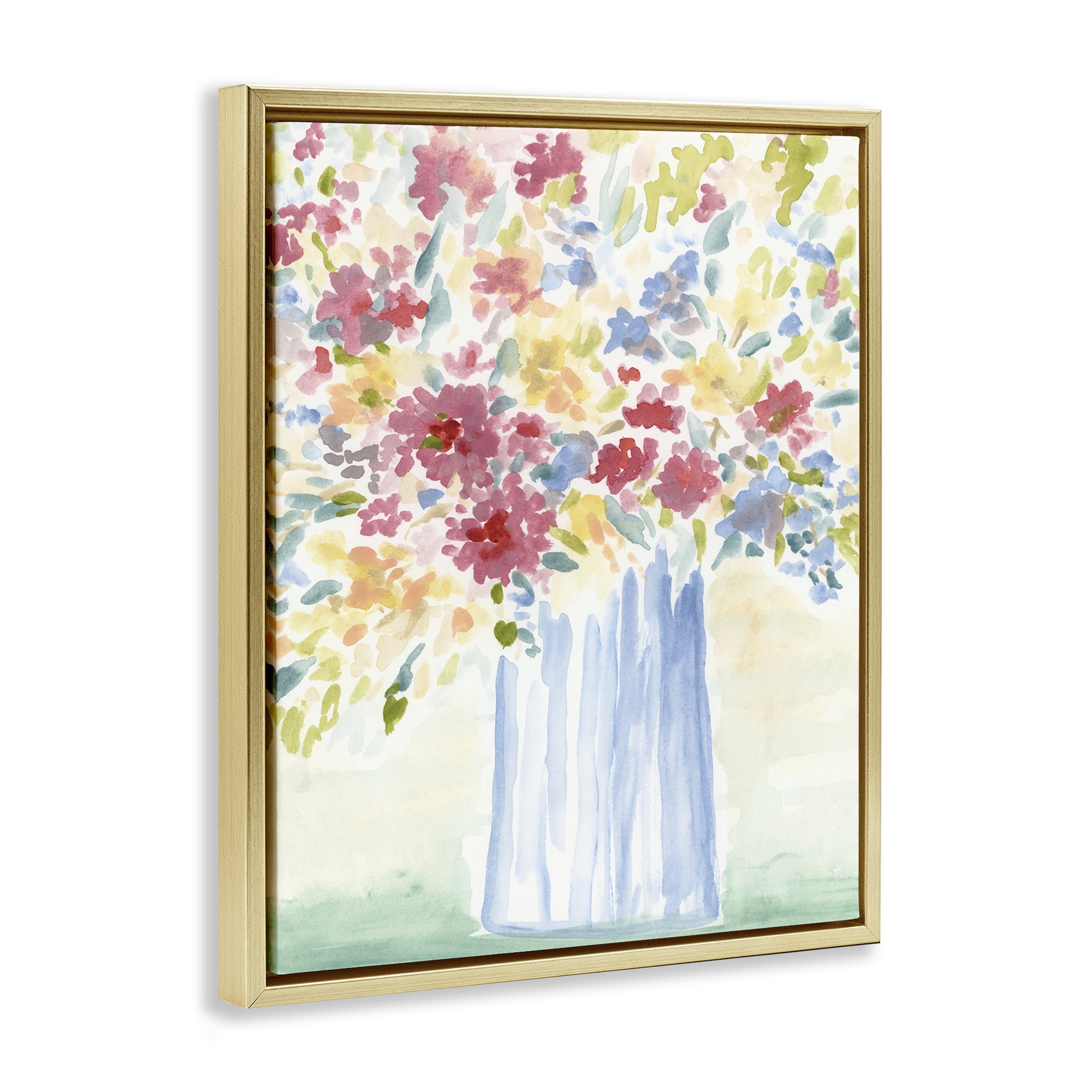 Stupell Industries Soft Blossoms Bouquet Plants & Flowers Painting Gold Floater Framed Canvas Art Print Wall Art, 17 x 21