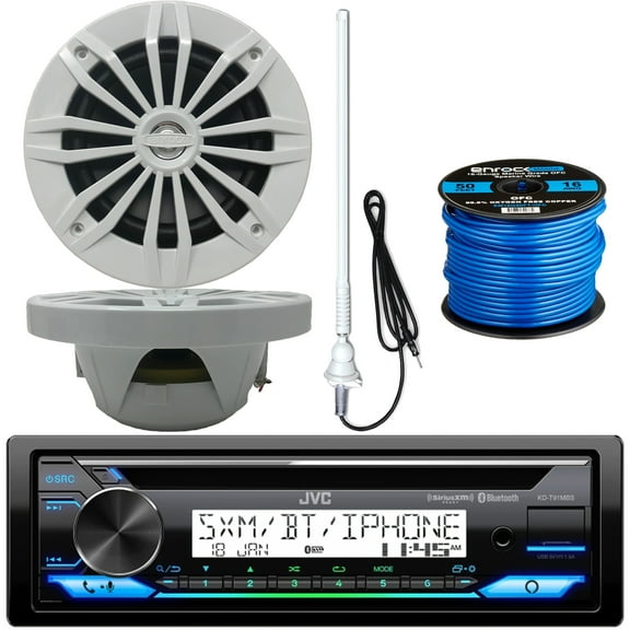 Single DIN In-Dash Marine Bluetooth CD Player Stereo USB AUX Receiver, 2x Enrock 6.5" 2-Way 180 Watt White Boat Speakers, Long Range Marine AM/FM Radio Antenna, 16 Gauge Speaker Wire
