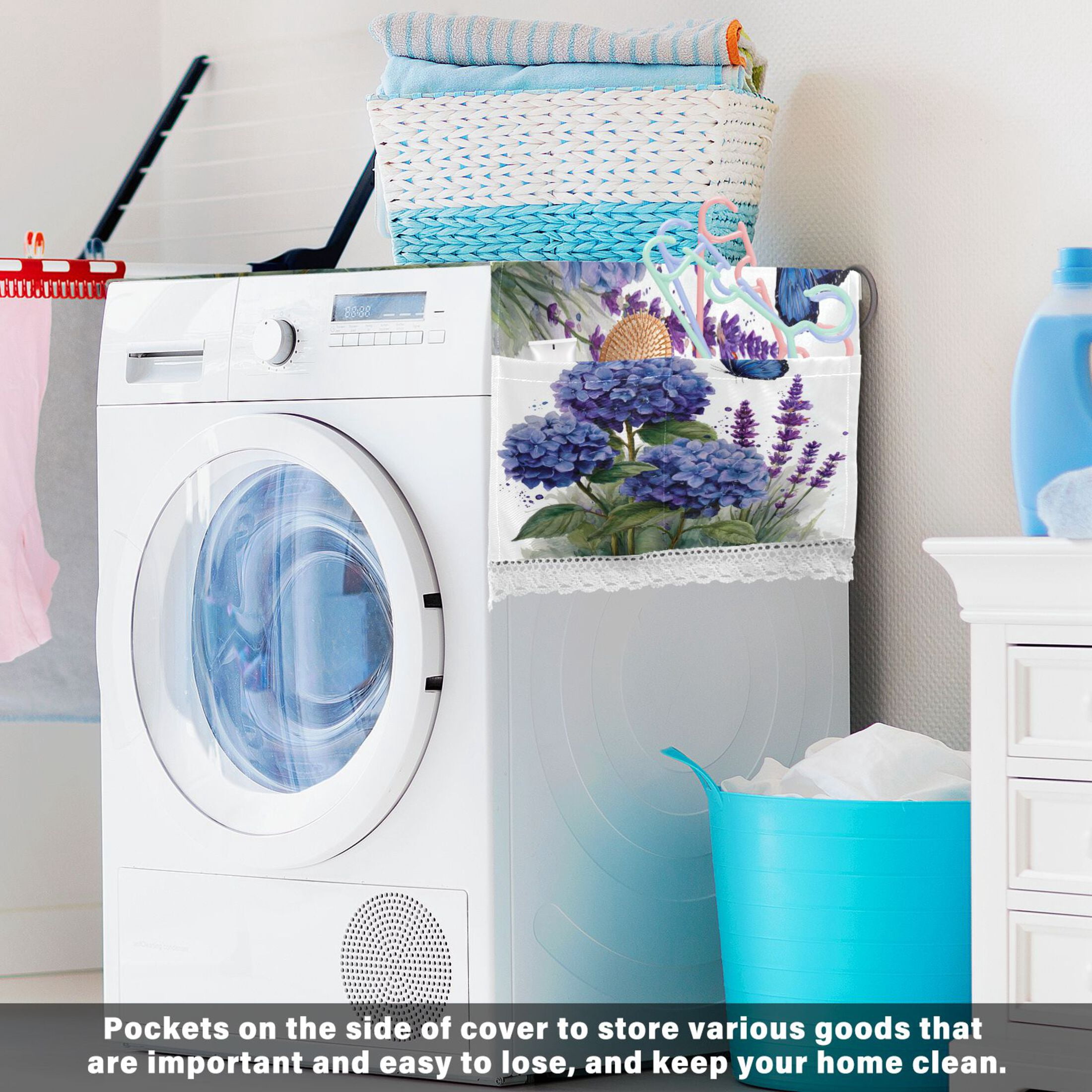 Wobogo Hydrangea Lavender Butterfly Washing Machine Cover Dustproof Washer Dryer Cover Waterproof Laundry Room Decorative Protector