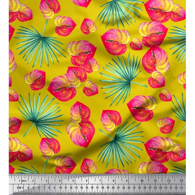 Soimoi Polyester Crepe Fabric Leaves & Laceleaf Floral Printed Fabric 1 Yard 42 Inch Wide