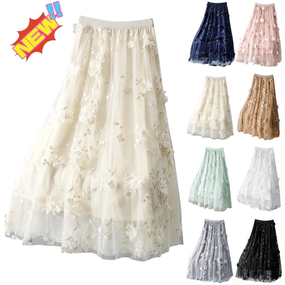 YABCSAZ Floral Skirts for Women Midi Long Length High Waisted A Line Dress Solid Color Plus Size Pleated Layered Tulle Skirt
