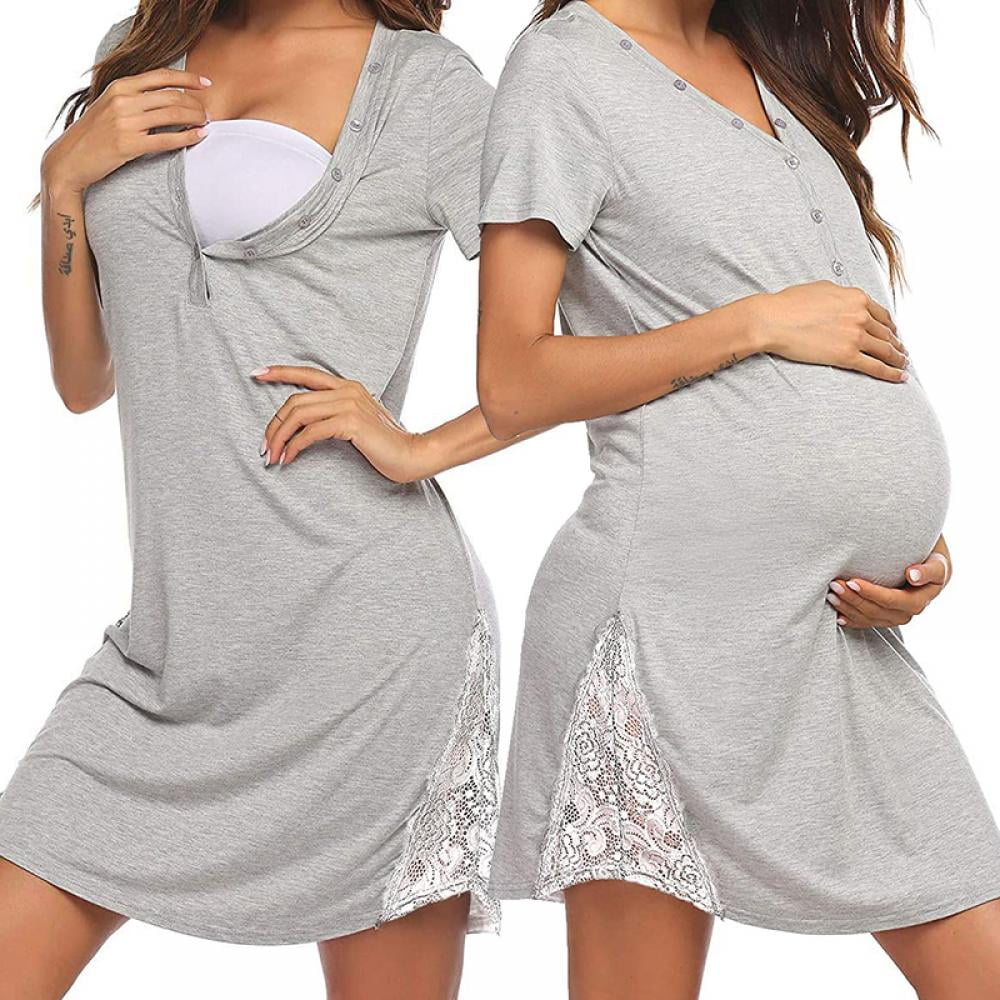 SUNNYME Women Nursing/Delivery/Labor/Hospital Nightdress Short Sleeve Maternity Breastfeeding Nightgown with Button