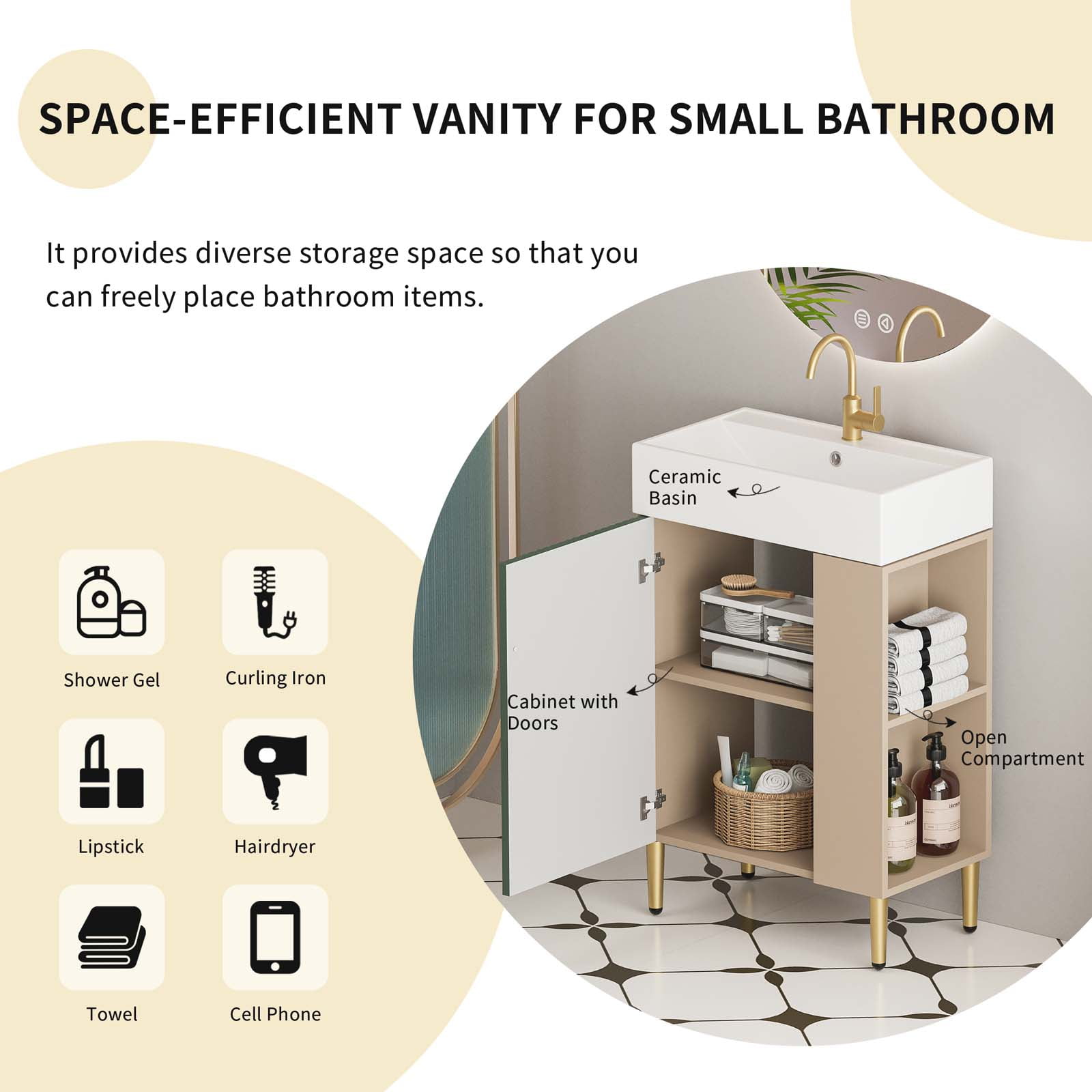 21.7" Bathroom Vanity with Ceramic Sink, Freestanding Bathroom Vanity with Open-Shelving Natural Wood Vanities Cabinet Soft Closing Door Right Storage for Small Bathroom Green