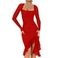 thumbnail image 5 of bbyeadc Women's Sexy Ruched Bodycon Midi Dresses Square Neck Long Sleeve Ruffle Hem Cocktail Party Dress (Red, XL), 5 of 7
