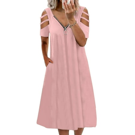 

Tuwabeii Womens Summer V-Neck Zipper Solid Color Sexy Short Sleeve Dress