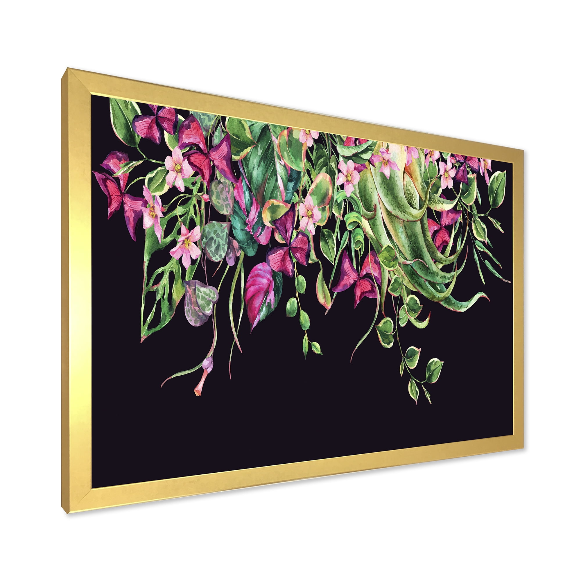 Designart 'Floral Tropical Leaves On Black Background' Farmhouse Framed Art Print