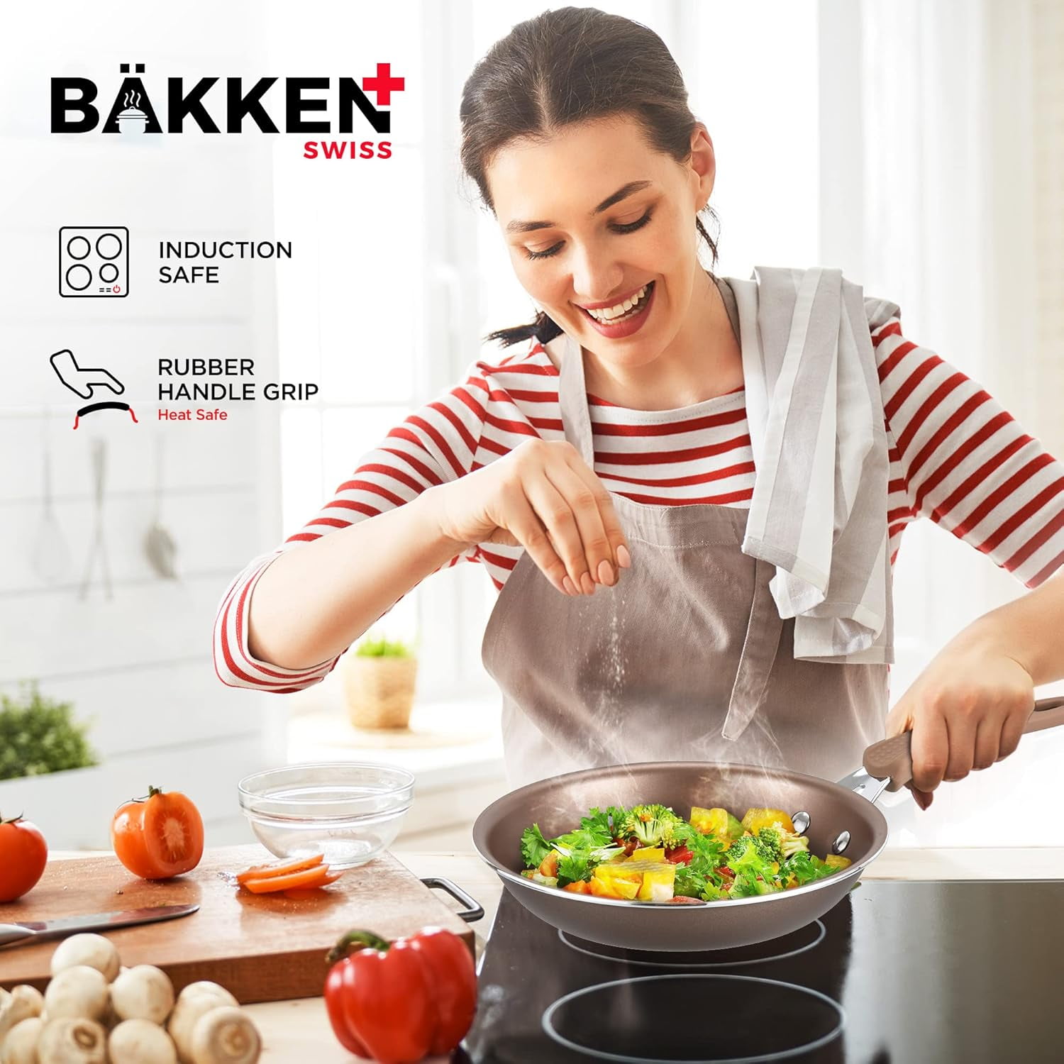Bakken- Swiss Pots and Pans Set – 14 Piece – Non-Stick Professional Home Kitchenware – Cooking Pots with Lids – Suitable for Gas, Electric, Ceramic and Induction Counter Cooktops - Golden