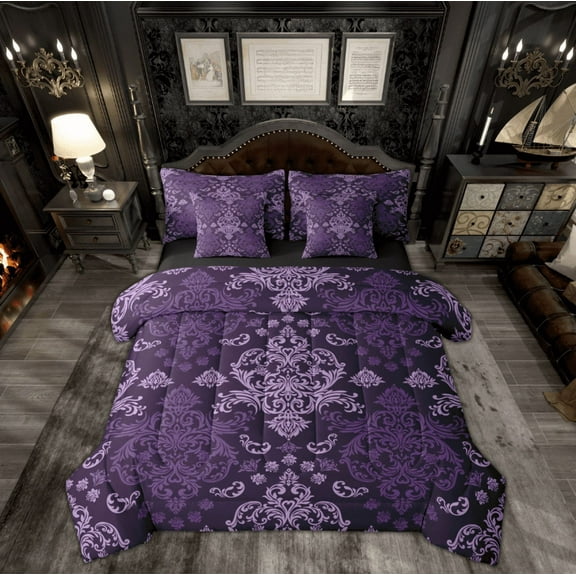 Feelyou Mystic Purple Damask Twin Bedding Sets 7-Piece, Hippie Western Print Bedding Comforter Set, Tribal Flower Floral Reversible Sheet Sets, Luxury Bedroom Decor