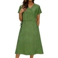 thumbnail image 3 of CHGBMOK Womens Solid Maxi Linen Dress V-neck Casual Short Sleeve A-Line Dress Drawstring Waist Flowly Beach Vacation Casual Dress, 3 of 9