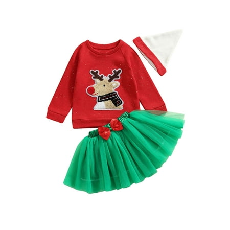 

DuAnyozu Girls Christmas Set Red Applique Pattern Pullover Green Yarn Skirt and Cap