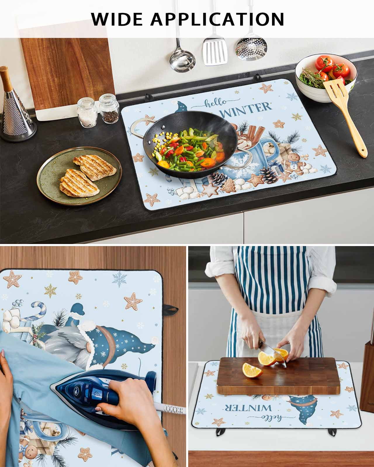 Large Induction Cooktop Protector Mat Blue Gnomes Christmas Stove Top Covers for Electric Stove, Xmas Gifts Snowflake Winter Decorative Stove Burner Cover Mats, Glass Top Stove Cover