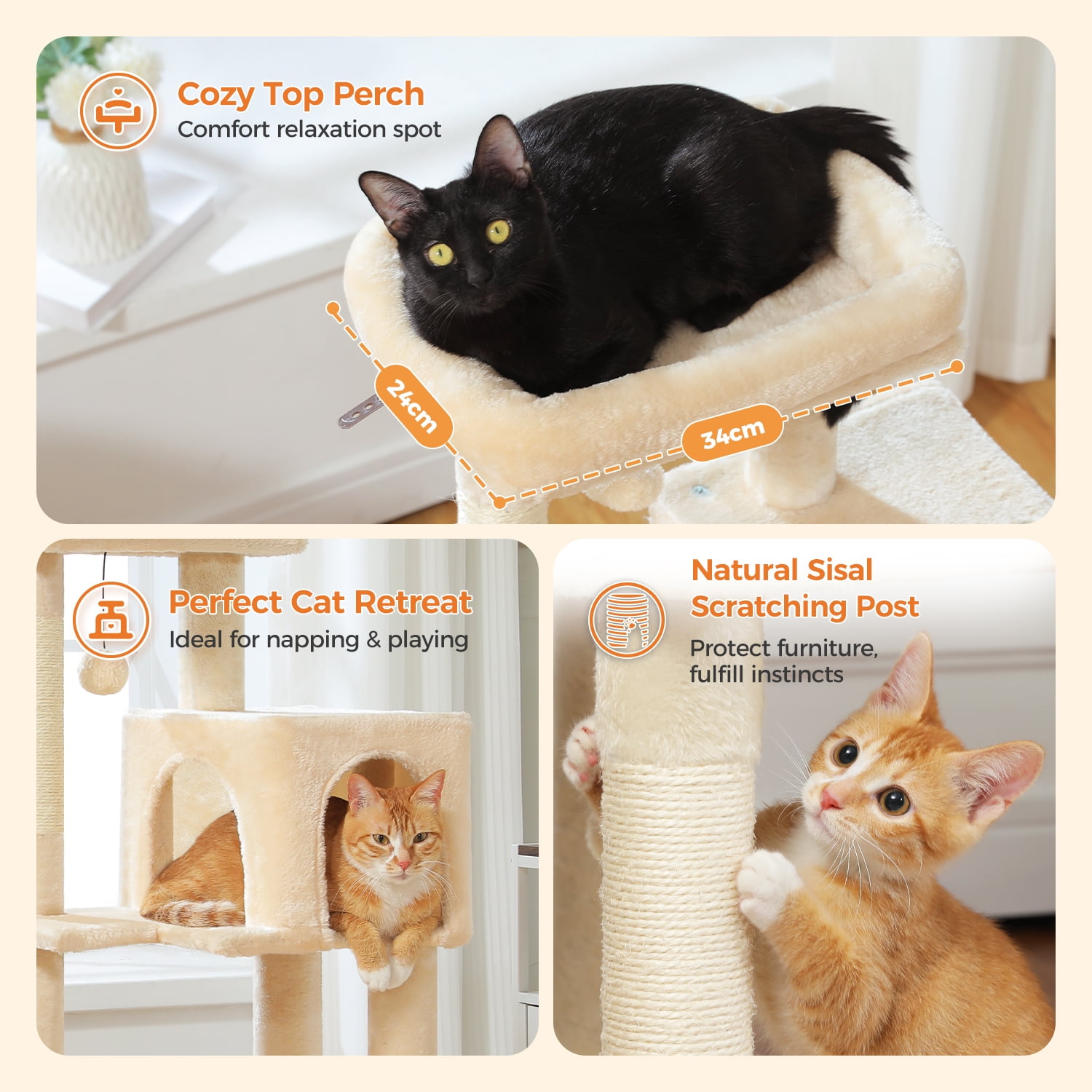 Pefilos 44" Cat Tree Tower for Indoor Cats, 5-Level Cat Condo with Large Hammock, Big Top Perch and 4 Sisal Covered Scratching Pos, Beige