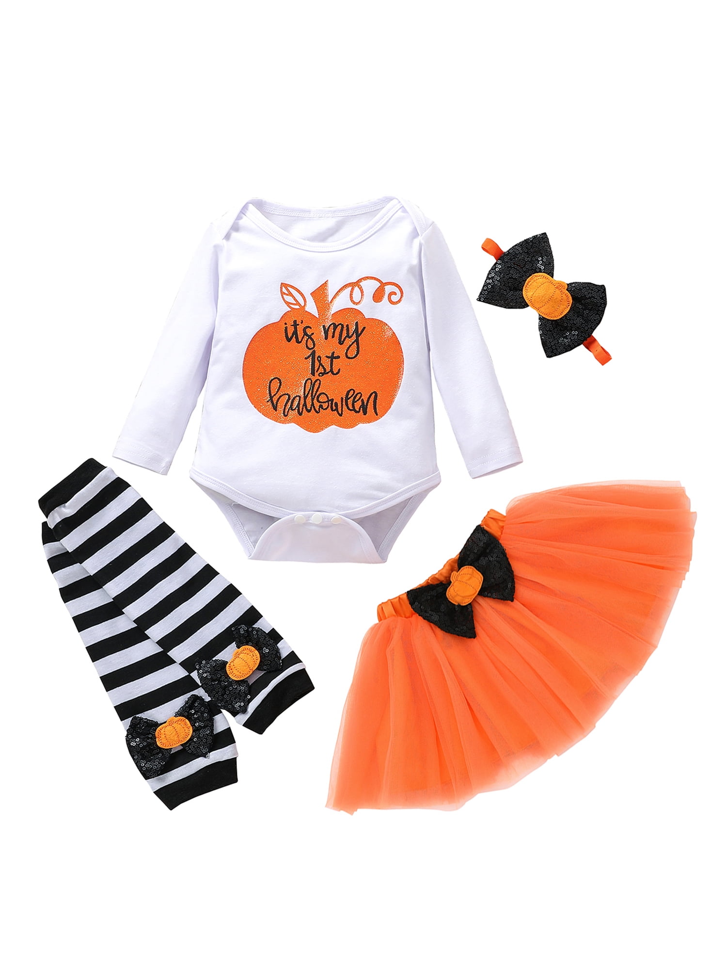 Baby Girl Layette 4 Piece Set Halloween Pumpkin Printed Rompers+Tulle Skirts+Leg Sleeve+Headband 