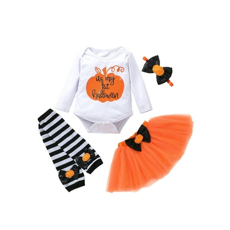 

Canis 4PCS Baby Girls Halloween Sets Letter Long Sleeve Romper Solid Mesh Skirts Striped Leg Warmer