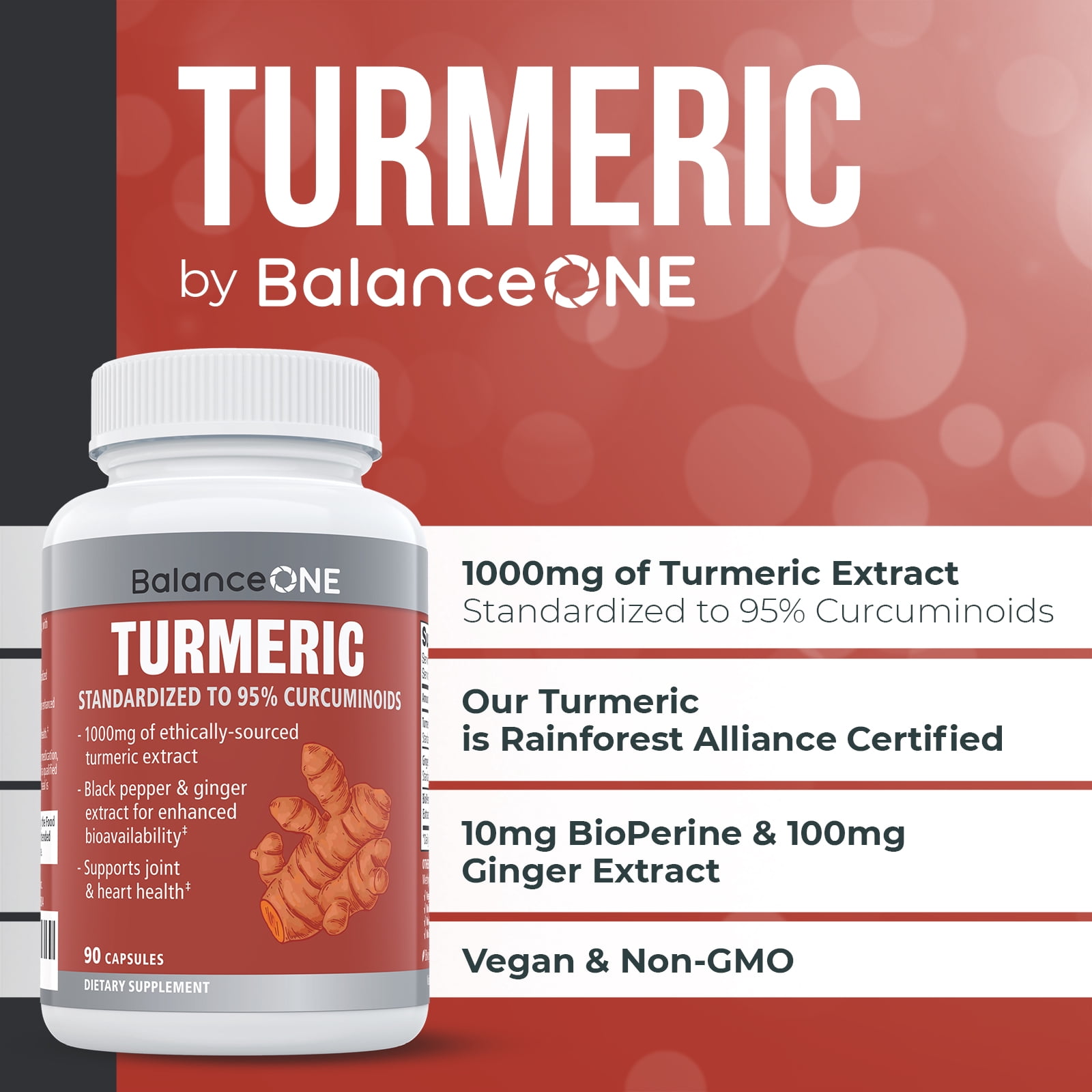Balance ONE Turmeric Extract 1000mg with Max Strength 95% Curcuminoids - Turmeric Curcumin Supplement for Daily Joint & Immune Support - Ginger Extract and BioPerine - 1 Month Supply